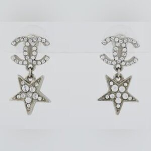 Authentic Chanel CC Crystal Logo Star Drop Earrings